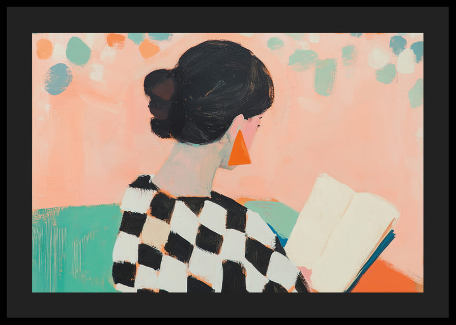 Kvinna i färgglad miljö försjunken i en bok.-12