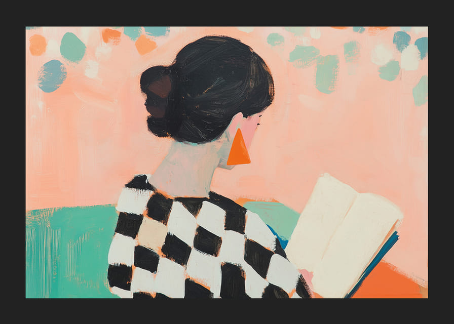 Kvinna i färgglad miljö försjunken i en bok.-12