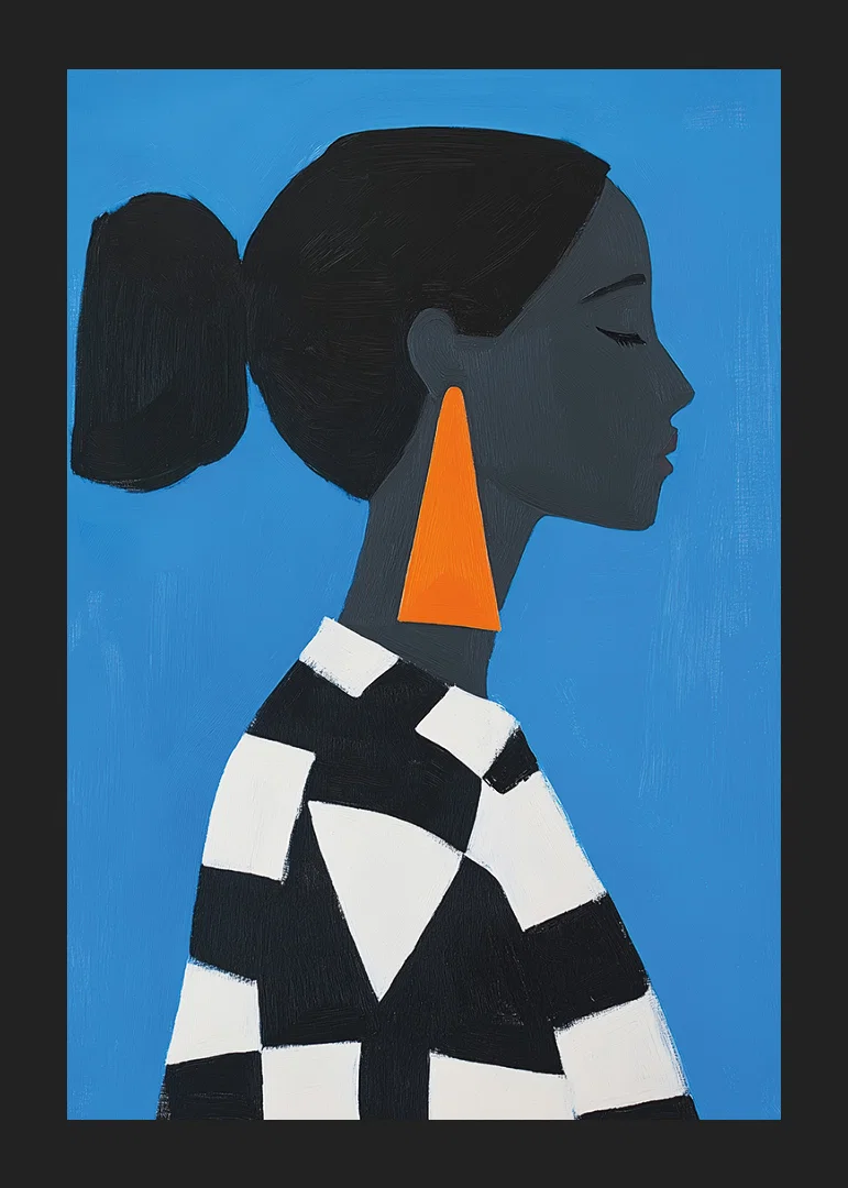 A sleek profile against a bold blue background exudes elegance.-12