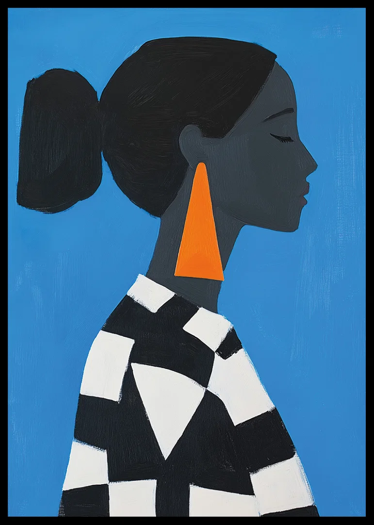 A sleek profile against a bold blue background exudes elegance.-12