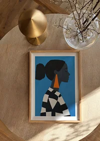 A sleek profile against a bold blue background exudes elegance.-8