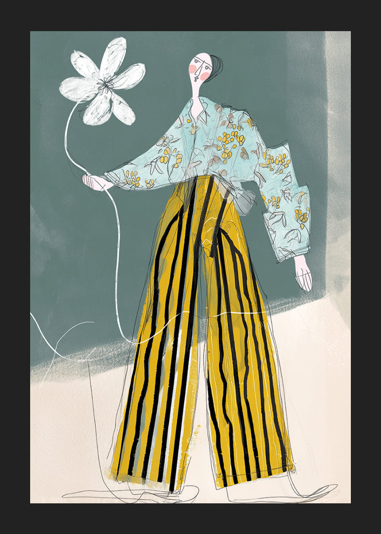 Een artistieke poster met opvallende patronen en zachte kleuren.-12