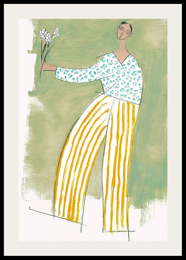 En dansende figur med blomster sprer glede i myke farger.-12