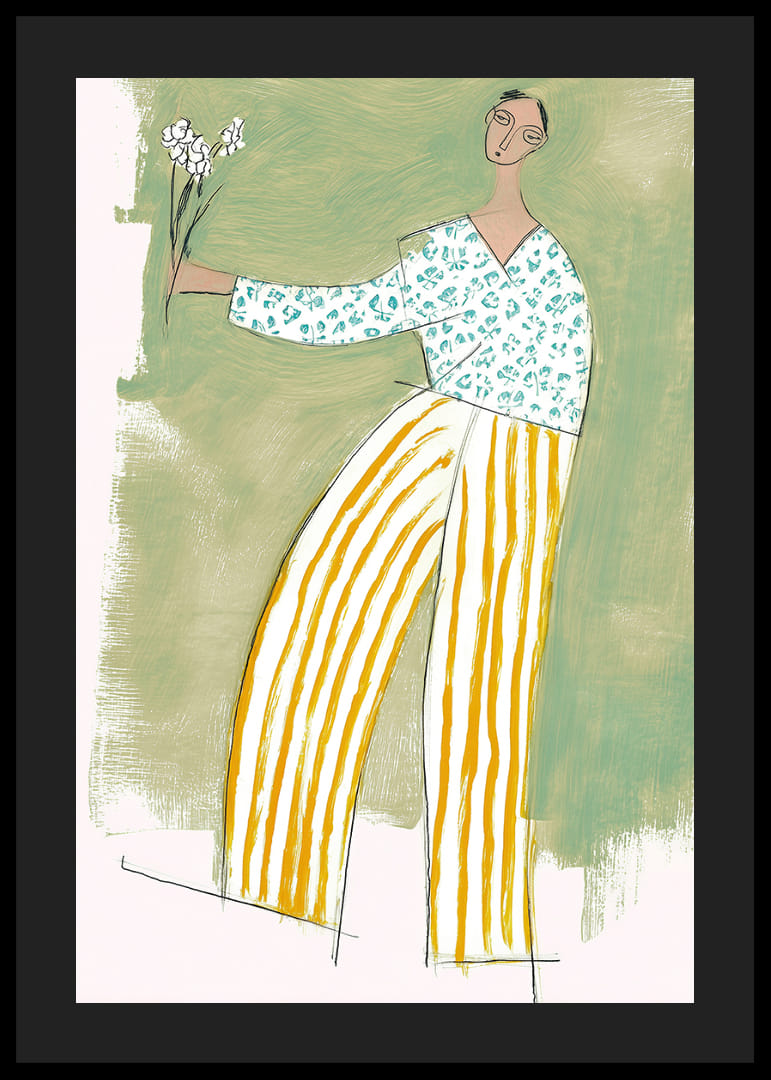 En dansende figur med blomster sprer glede i myke farger.-12