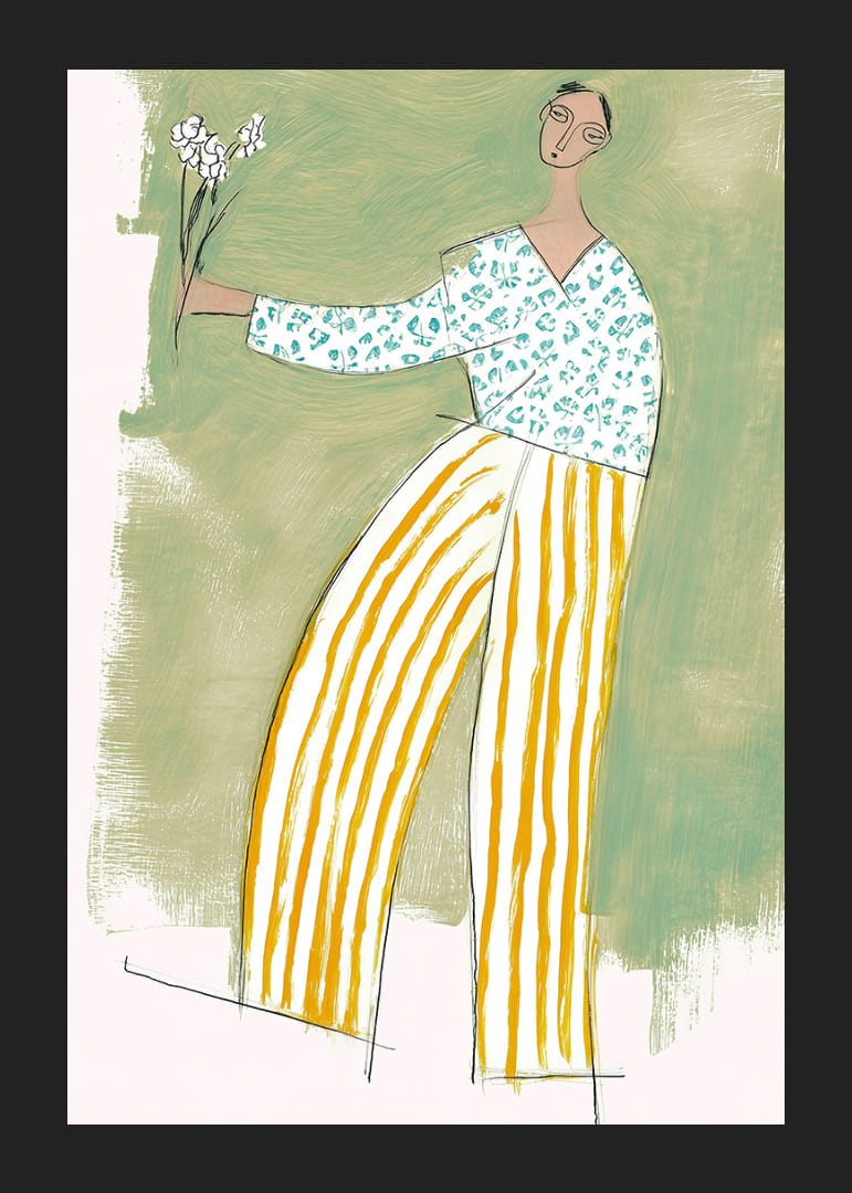 En dansende figur med blomster sprer glede i myke farger.-12