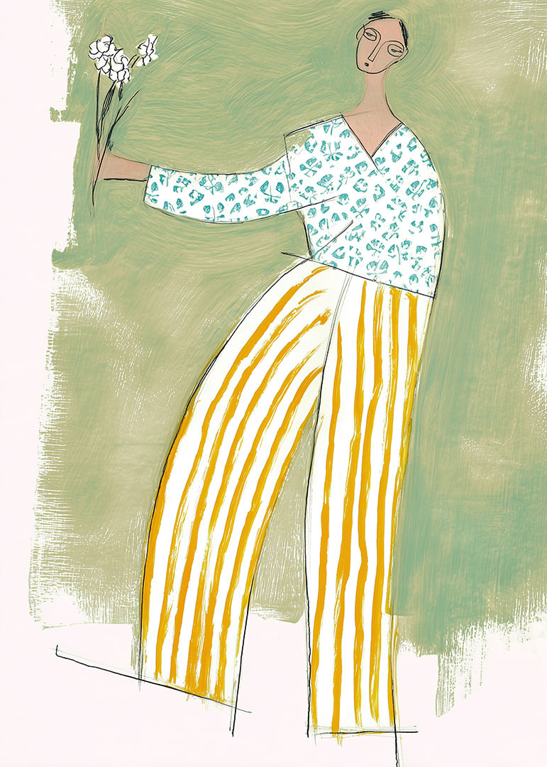 A dancing figure with flowers spreads joy in soft colors.-12