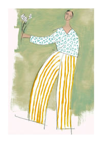 A dancing figure with flowers spreads joy in soft colors.-1