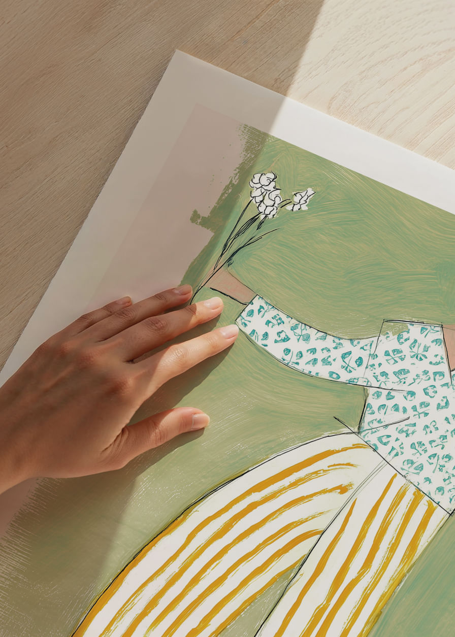 A dancing figure with flowers spreads joy in soft colors.-12