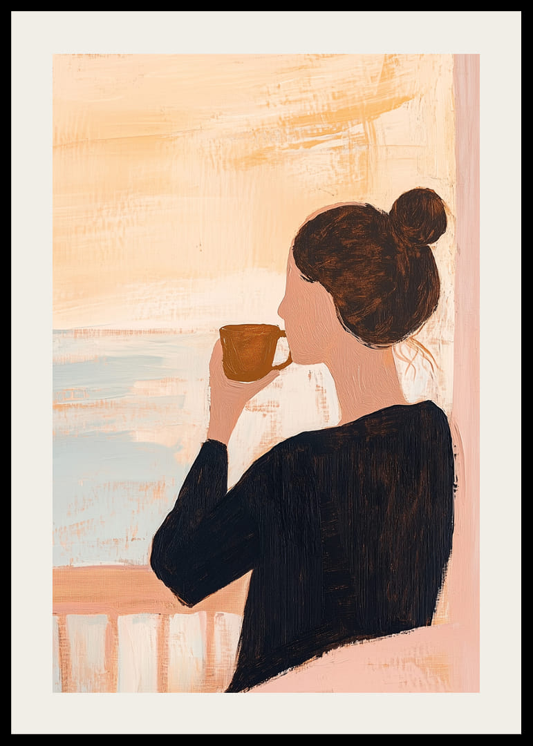 En kvinna njuter av ett stilla morgonkaffe vid havet.-12