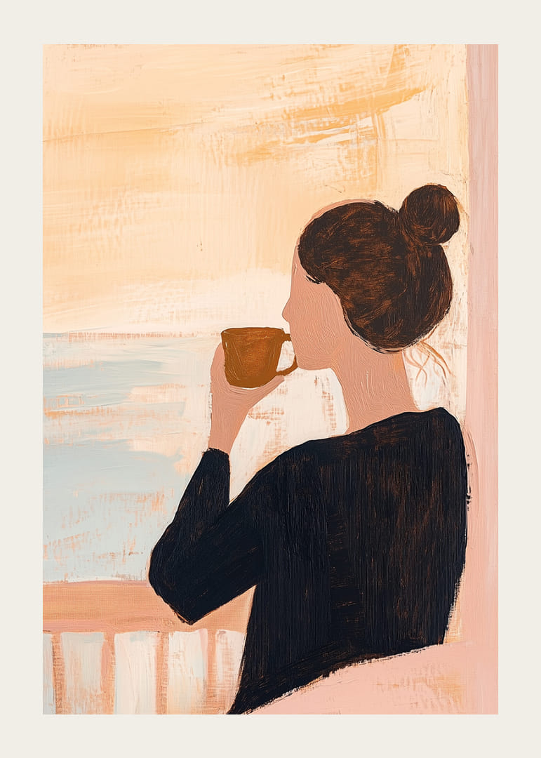 En kvinna njuter av ett stilla morgonkaffe vid havet.-12