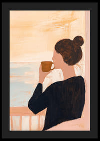 En kvinna njuter av ett stilla morgonkaffe vid havet.-4