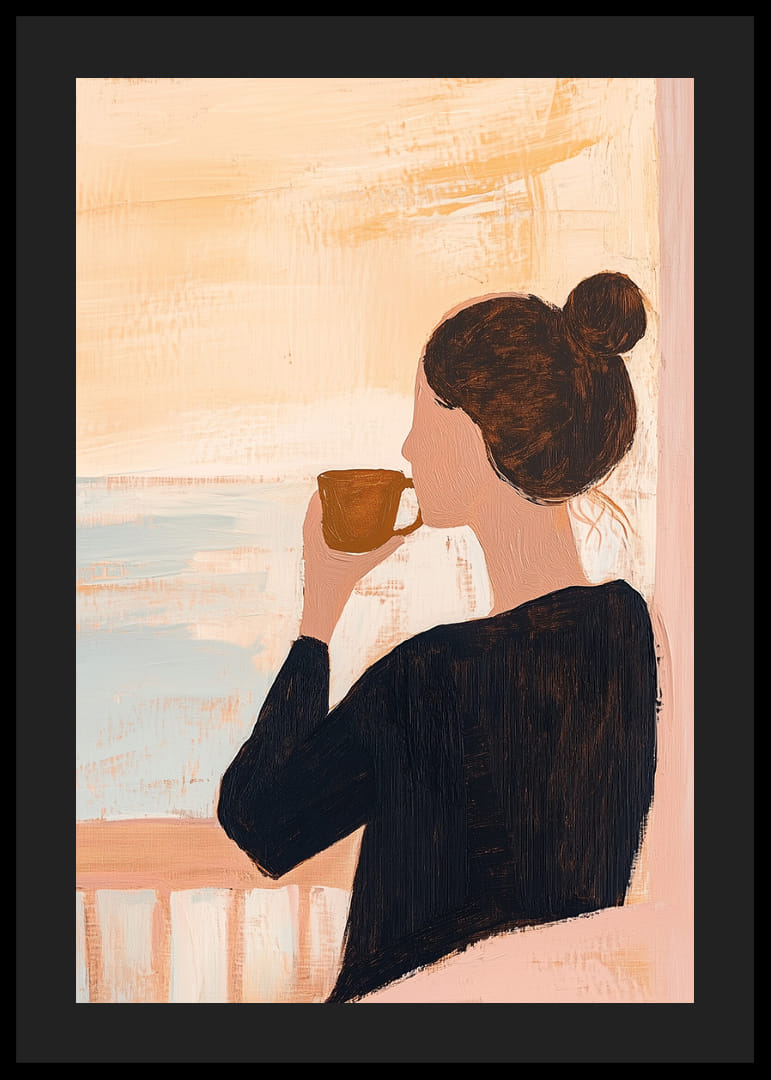 En kvinna njuter av ett stilla morgonkaffe vid havet.-12