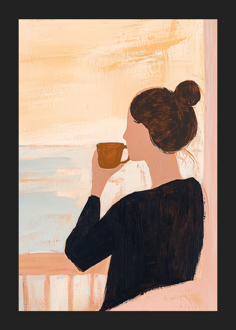 En kvinna njuter av ett stilla morgonkaffe vid havet.-12