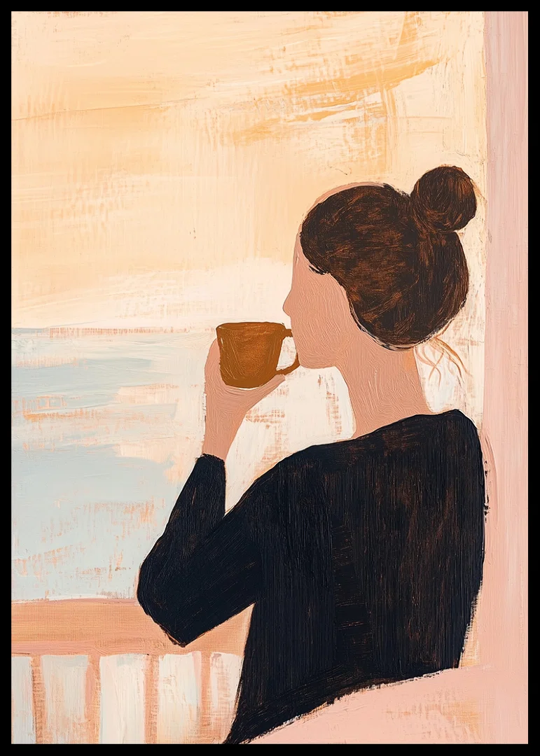 A woman enjoys a quiet morning coffee by the sea.-12