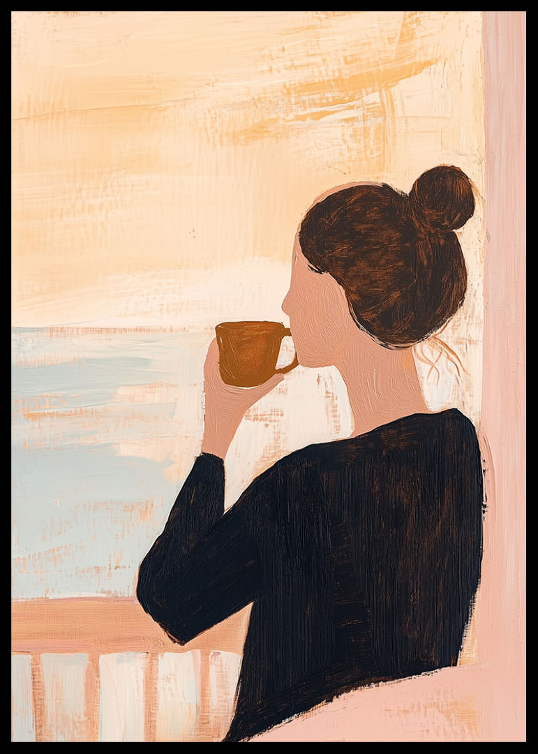 Une femme savoure un café matinal tranquille au bord de la mer.-12