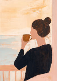 Une femme savoure un café matinal tranquille au bord de la mer.-3