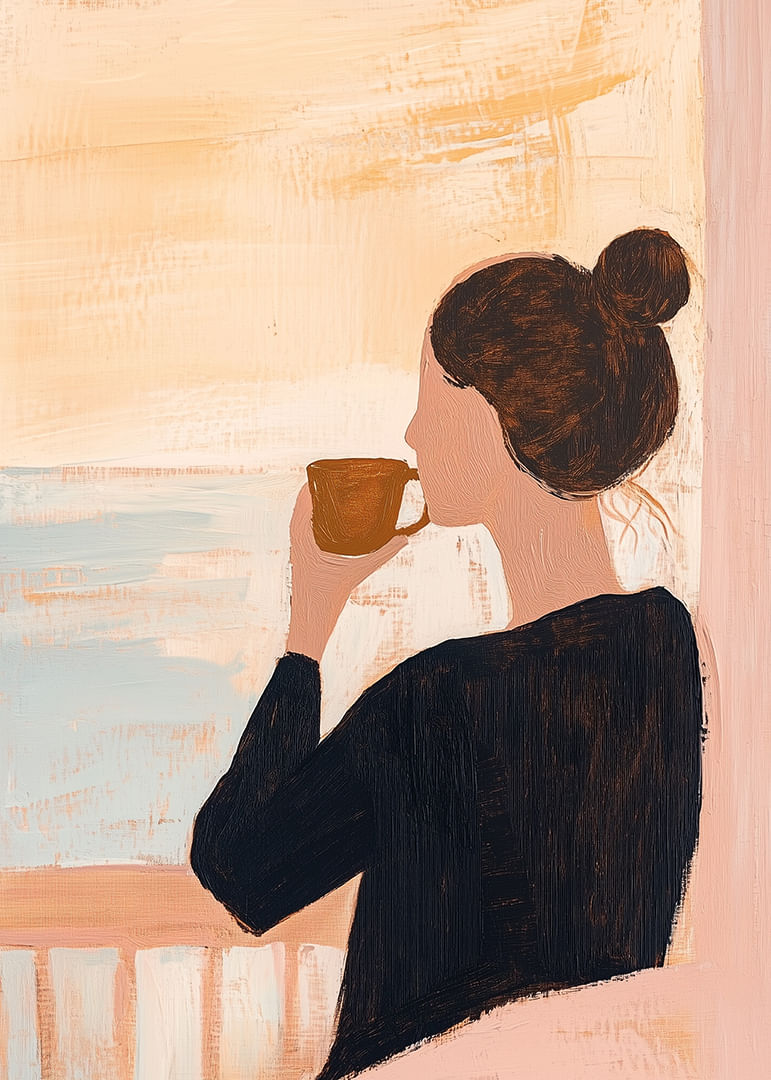 Une femme savoure un café matinal tranquille au bord de la mer.-12