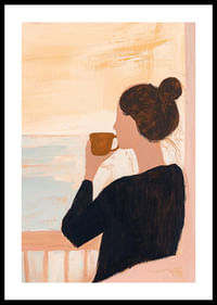 Une femme savoure un café matinal tranquille au bord de la mer.-0