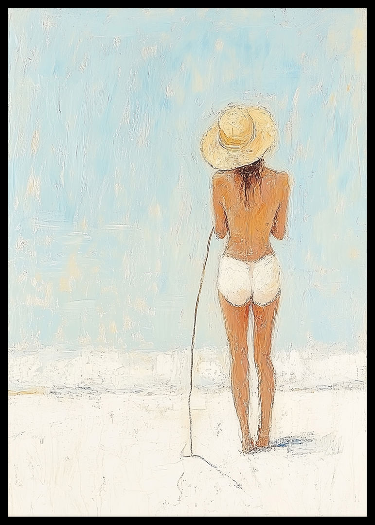 Een vrouw staat op het strand en kijkt uit over de zee.-12