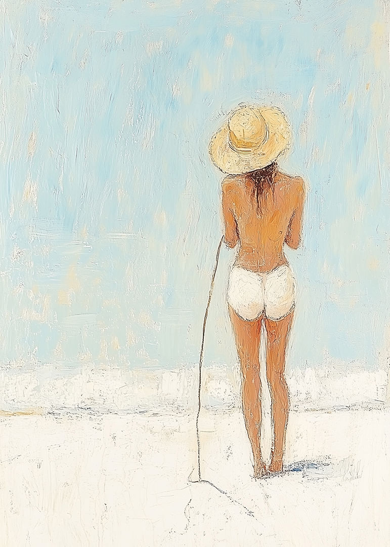 Een vrouw staat op het strand en kijkt uit over de zee.-12