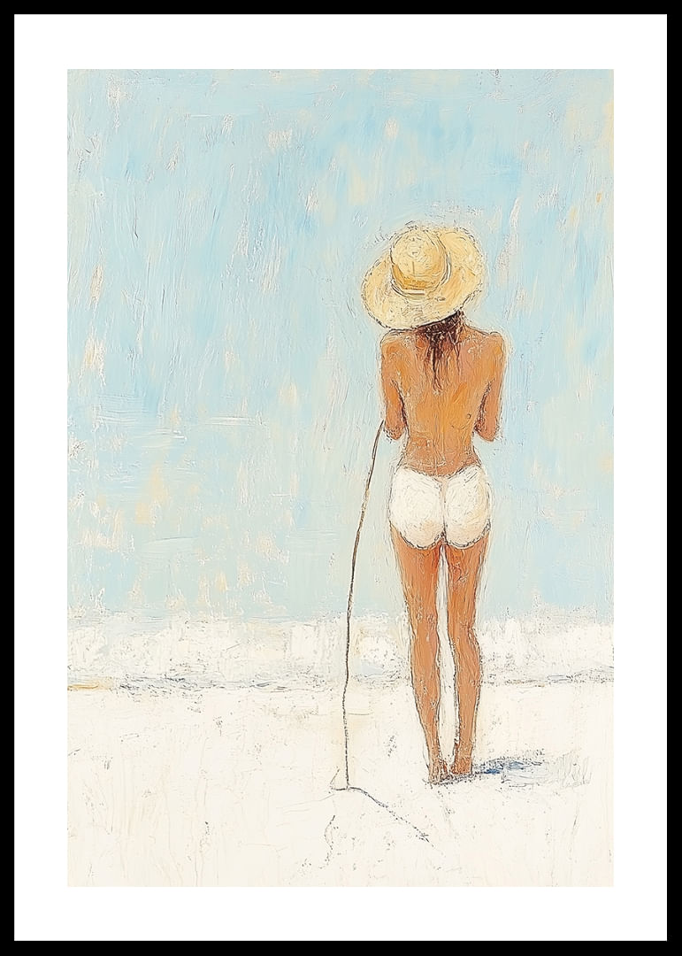 Een vrouw staat op het strand en kijkt uit over de zee.-12