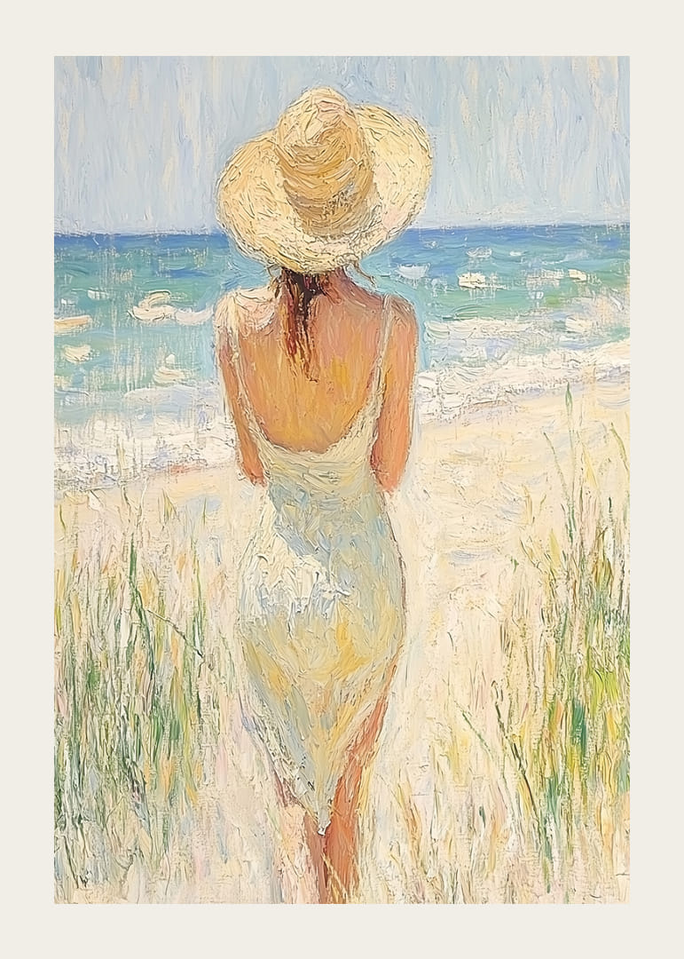 Žena pri mori zachytáva podstatu letného dňa.-12