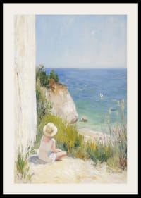 En flicka sitter drömskt vid havet, omsluten av naturens lugn.-2