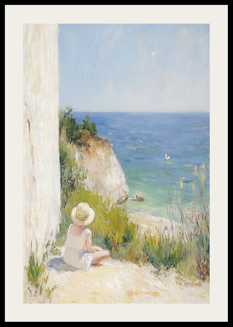 En flicka sitter drömskt vid havet, omsluten av naturens lugn.-12