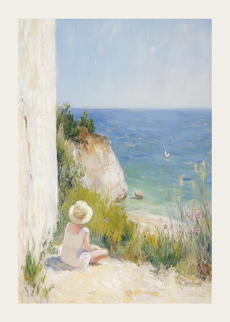 En flicka sitter drömskt vid havet, omsluten av naturens lugn.-12