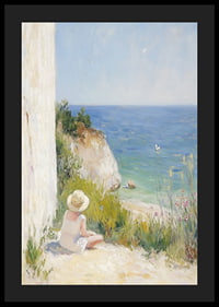 En flicka sitter drömskt vid havet, omsluten av naturens lugn.-4