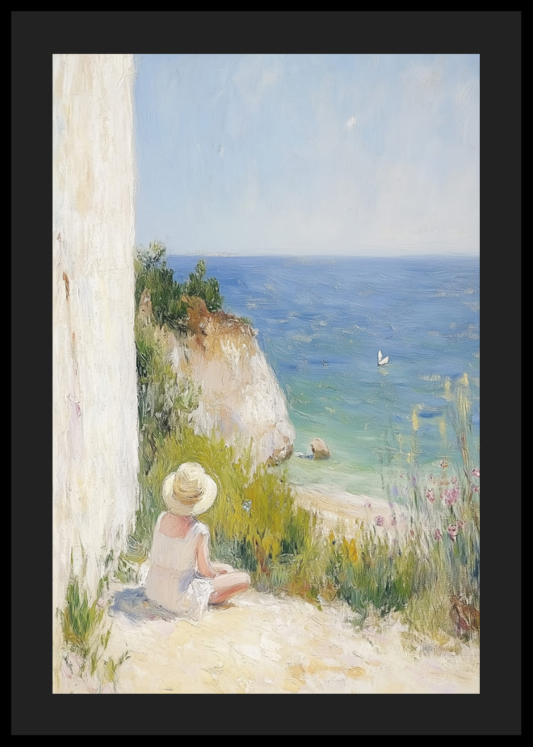 En flicka sitter drömskt vid havet, omsluten av naturens lugn.-12