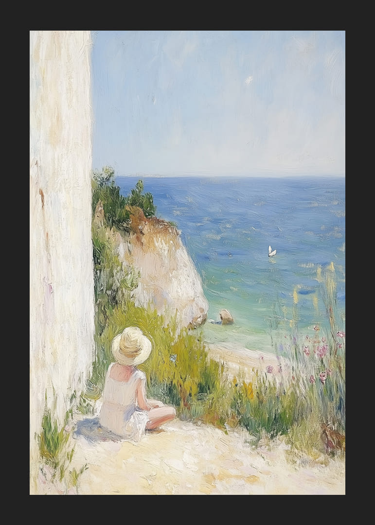 En flicka sitter drömskt vid havet, omsluten av naturens lugn.-12