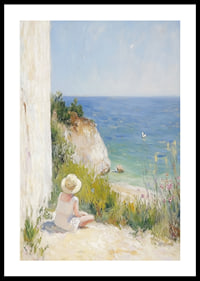 En flicka sitter drömskt vid havet, omsluten av naturens lugn.-0