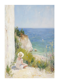 En flicka sitter drömskt vid havet, omsluten av naturens lugn.-1