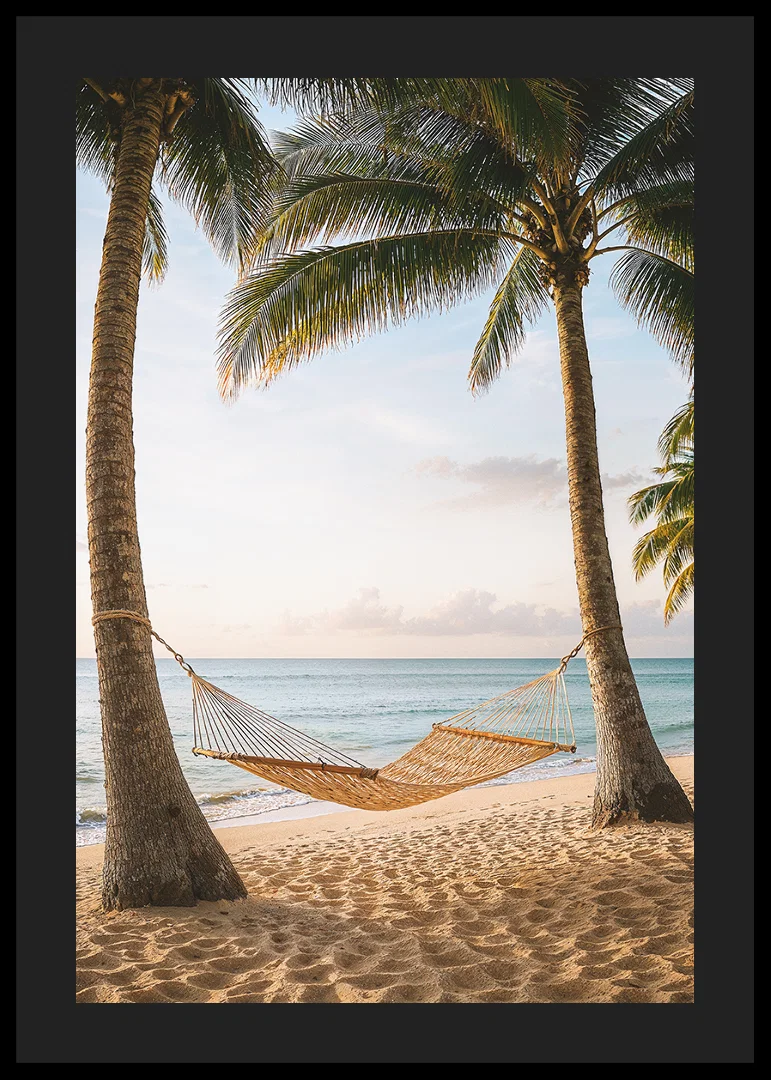 Magical beach view with hammock and swaying palm trees.-12