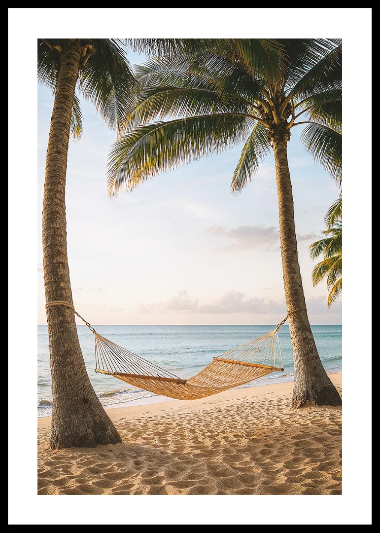 Magical beach view with hammock and swaying palm trees.-12