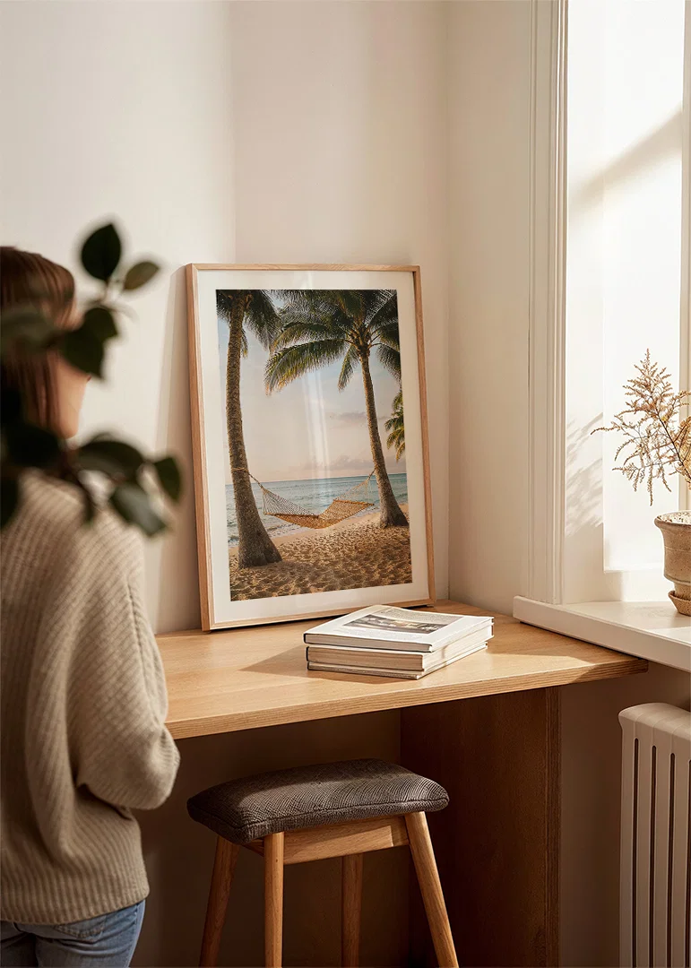Magical beach view with hammock and swaying palm trees.-12