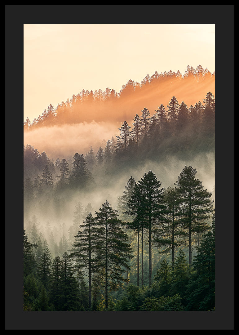 Skogens dimmiga morgonljus skapar en magisk atmosfär.-12