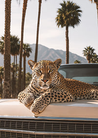 Elegant leopard vilar sig på en vintagebil i palmers skugga.-7