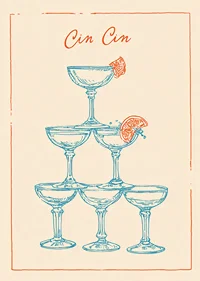 A stylish poster with champagne glasses in blue and an elegant design.-1