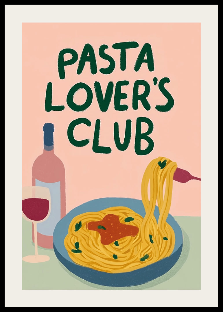 Färgglad poster med pasta och ett glas vin som lockar till middag.-12