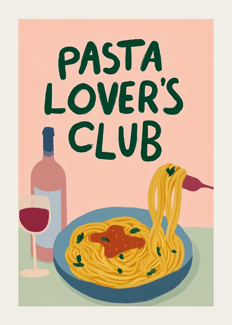 Färgglad poster med pasta och ett glas vin som lockar till middag.-12