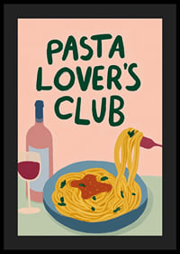 Färgglad poster med pasta och ett glas vin som lockar till middag.-4