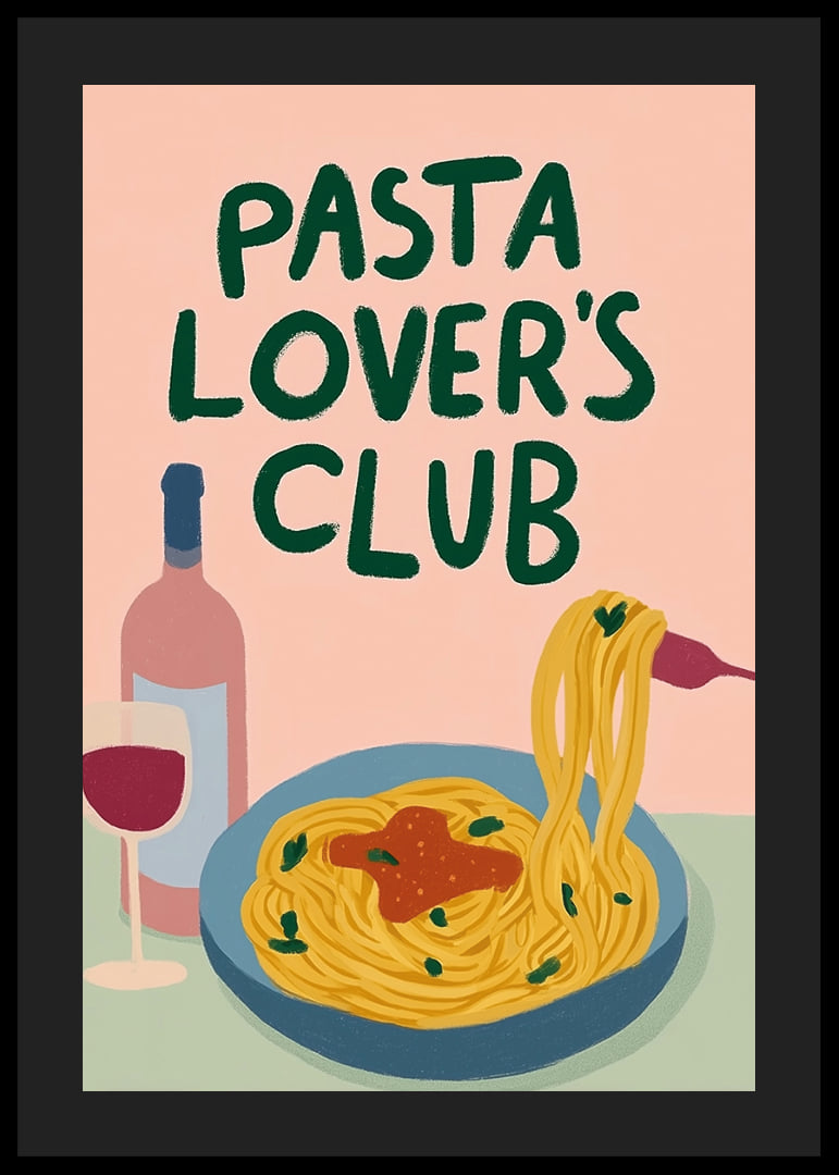 Färgglad poster med pasta och ett glas vin som lockar till middag.-12