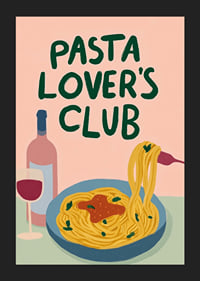 Färgglad poster med pasta och ett glas vin som lockar till middag.-5