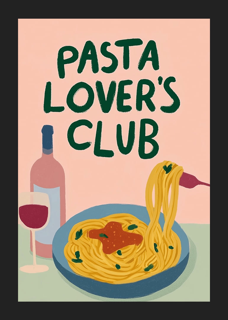 Färgglad poster med pasta och ett glas vin som lockar till middag.-12