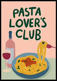 Färgglad poster med pasta och ett glas vin som lockar till middag.-6