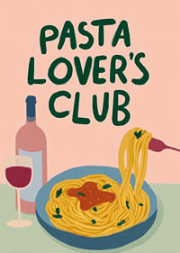 Färgglad poster med pasta och ett glas vin som lockar till middag.-7