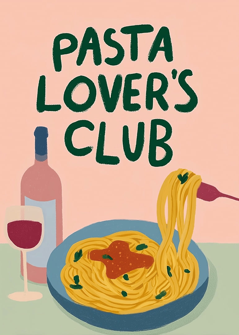 Färgglad poster med pasta och ett glas vin som lockar till middag.-12
