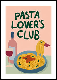 Färgglad poster med pasta och ett glas vin som lockar till middag.-0